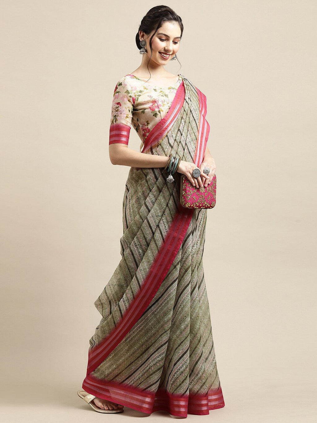 Saree Mall Olive Green & Pink Leheriya Linen Blend Saree | Grocsy