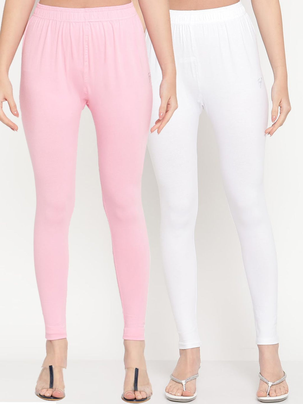 TAG 7 Women Pack Of 2 White & Pink Solid Comfort-Fit Ankle-Length Leggings | Grocsy
