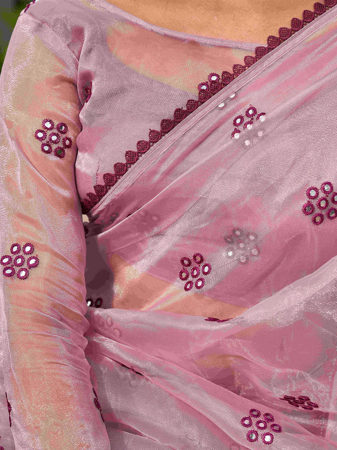 Tikhi Imli Ethnic Motifs Mirror Work Organza Saree | Grocsy