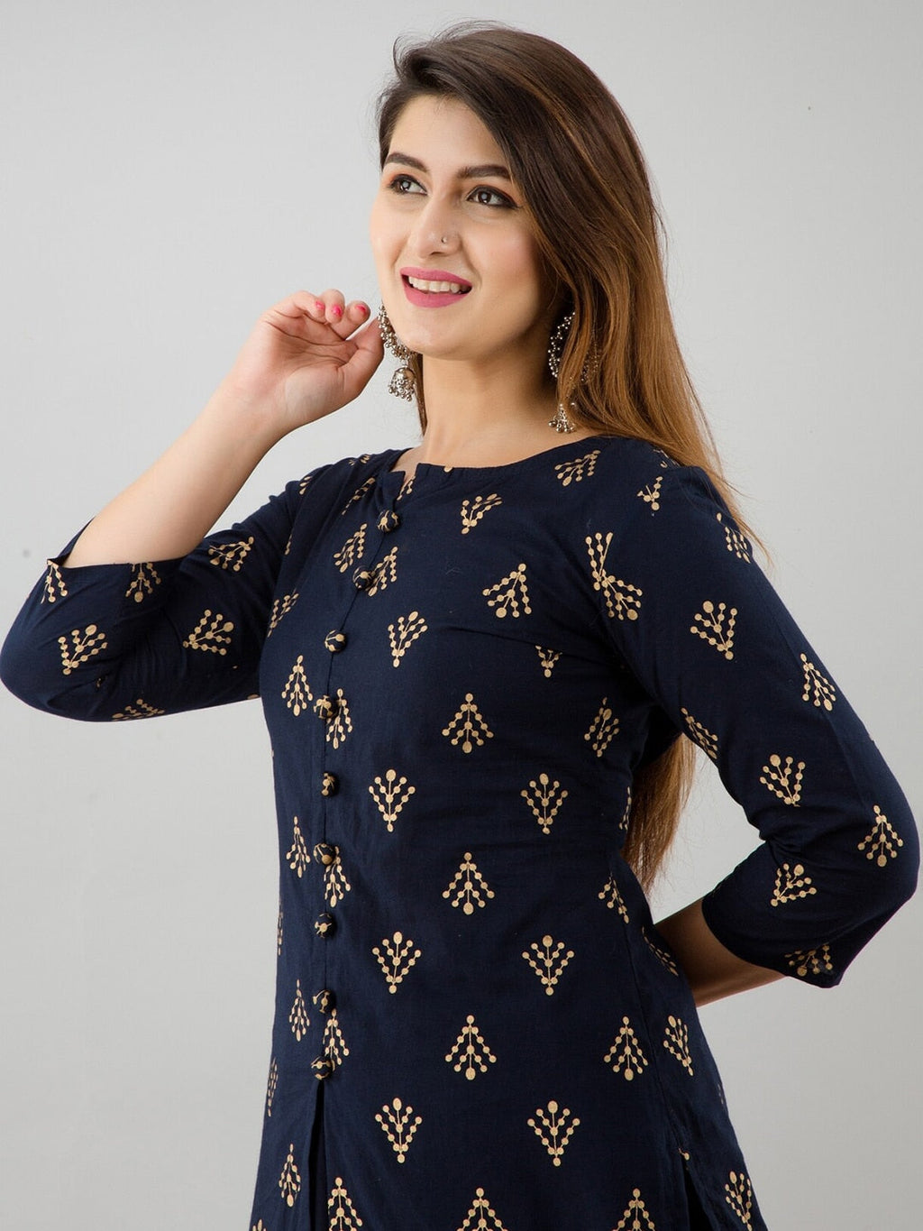 HERE&NOW Navy Blue & Gold-Toned Ethnic Motifs Printed Kurta with Skirt | Grocsy