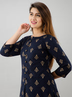 HERE&NOW Navy Blue & Gold-Toned Ethnic Motifs Printed Kurta with Skirt | Grocsy