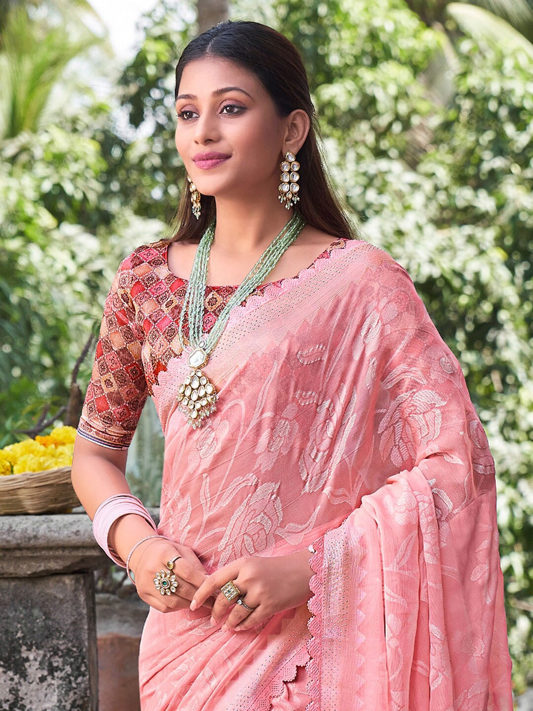 Saree Mall Floral Woven Design Pure Chiffon Beads & Stones Bagru Sarees | Grocsy