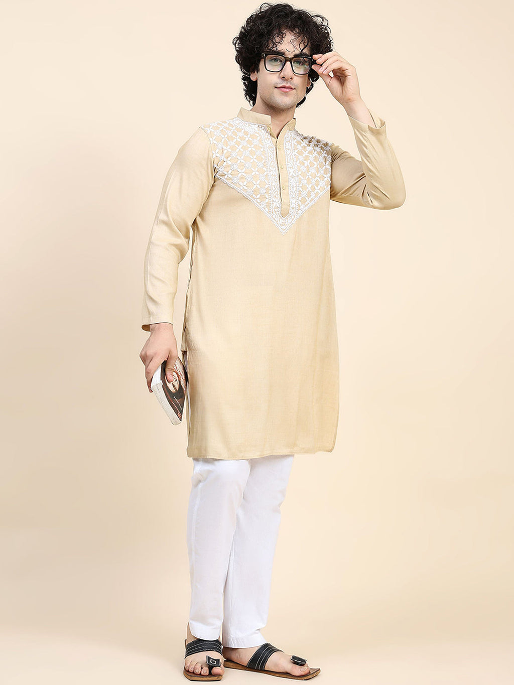 HOUSE OF KARI Ethnic Motifs Yoke Design Mandarin Collar Chikankari Pure Cotton Kurta | Grocsy