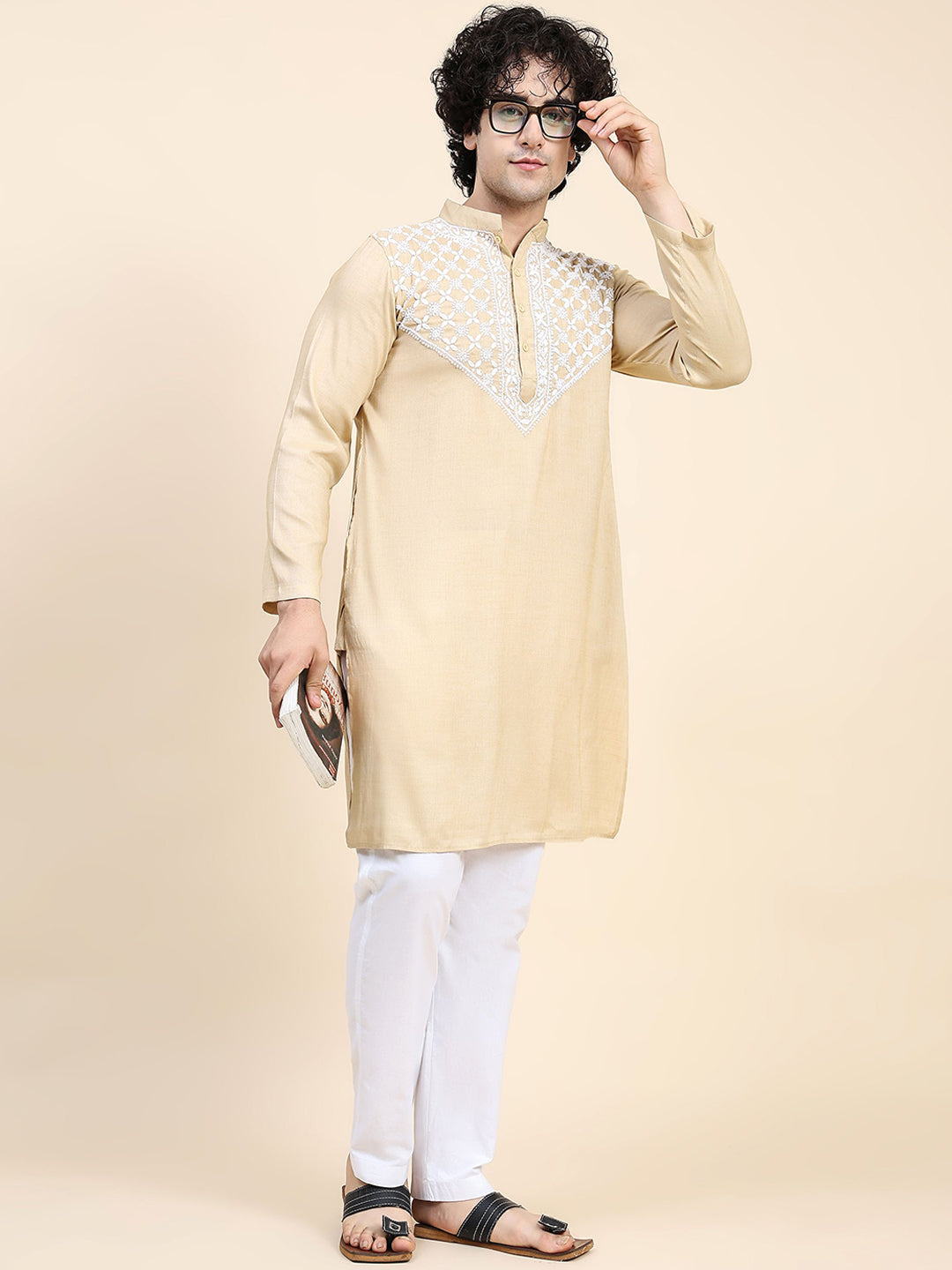HOUSE OF KARI Ethnic Motifs Yoke Design Mandarin Collar Chikankari Pure Cotton Kurta | Grocsy