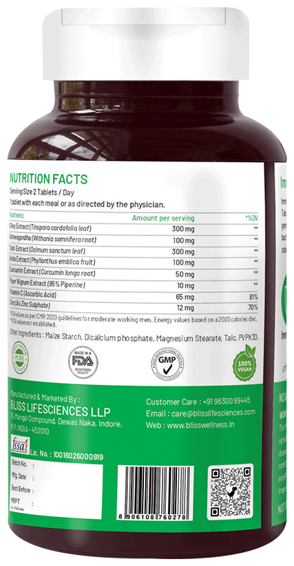 Bliss Welness Giloy + Tulsi + Amla + Ashwagandha + Curcumin Immunity Health Veg Tablet | Grocsy