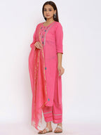 HERE&NOW Pink & Green Floral Embroidered Zari Work Kurta with Palazzos & Dupatta | Grocsy