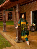 Sangria Women Green & Yellow Pure Cotton Ethnic Motifs Printed A-Line Kurta | Grocsy