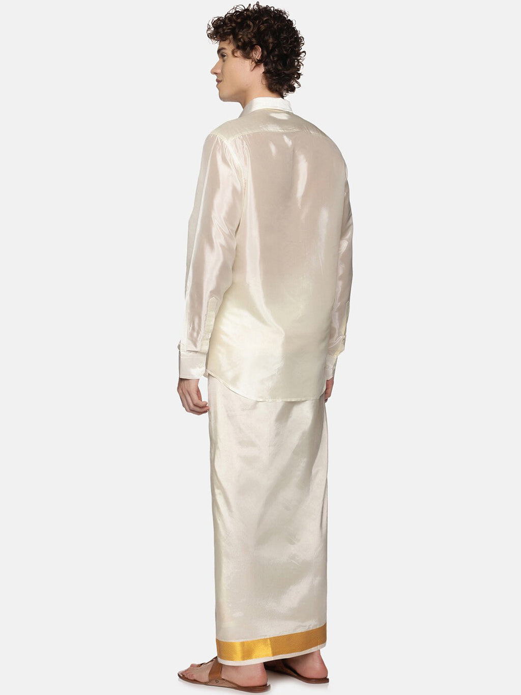 Sethukrishna Men Cream-Colored & Golden Solid Veshti | Grocsy