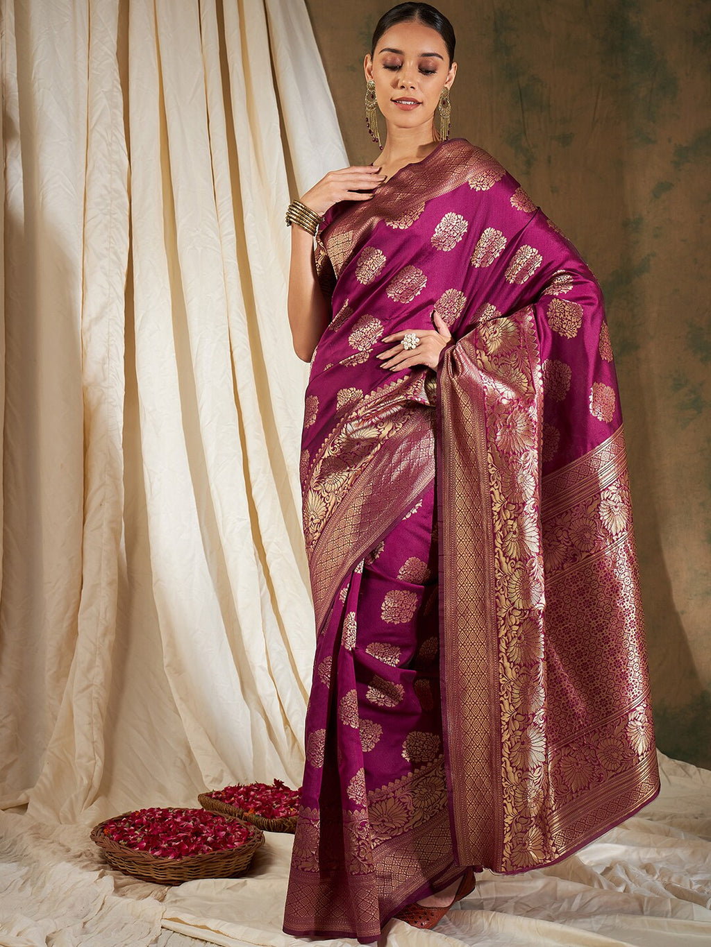 Sangria Burgundy & Gold-Toned Ethnic Motifs Woven Design Zari Silk Blend Banarasi Saree | Grocsy