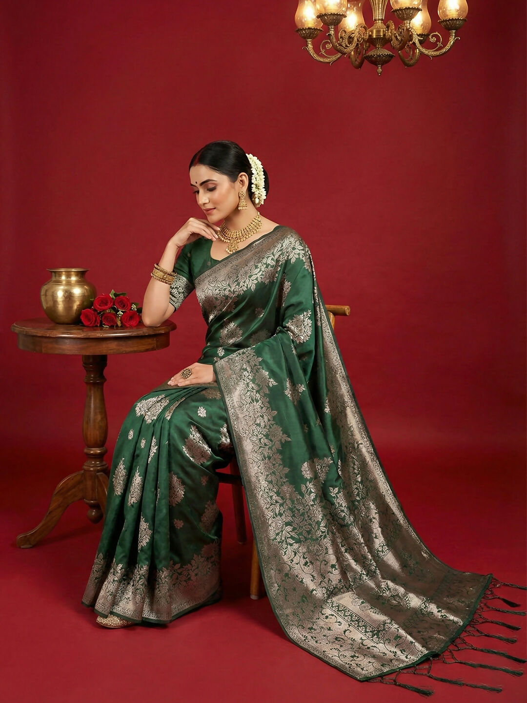 Shree Shyam Fashion Dark Green Silk Blend Saree | Grocsy