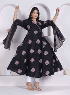 Miravan Black Printed Cotton Anarkali Kurta & Dupatta For Women | Grocsy