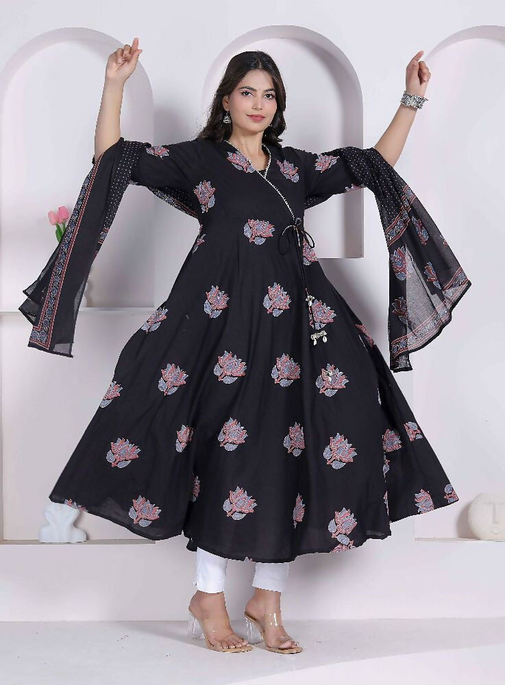 Miravan Black Printed Cotton Anarkali Kurta & Dupatta For Women | Grocsy