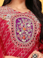 Joban Fashion Red Cotton Premium Pure Viscose Print Dola With Handwork Kurta set | Grocsy