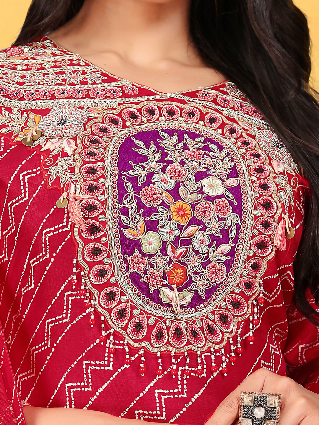 Joban Fashion Red Cotton Premium Pure Viscose Print Dola With Handwork Kurta set | Grocsy