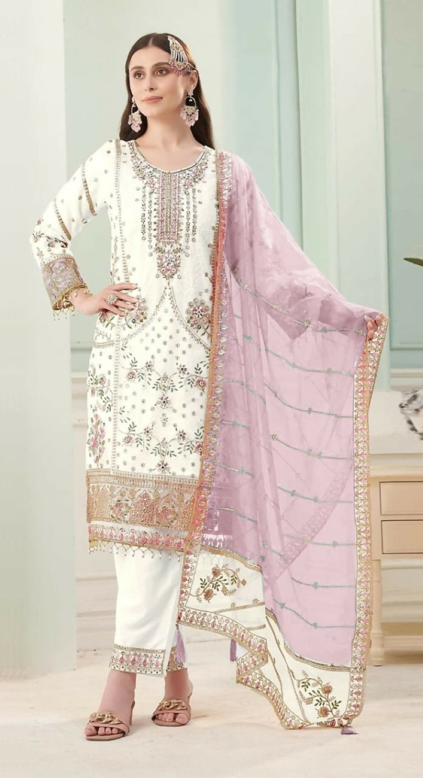 Anaita White Fox Georgette Stitched Suit with Embroidery Sequins | Grocsy