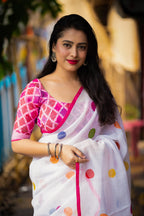 White Pure Linen Ethnic Motifs Saree with Unstitched Blouse - A2M | Grocsy