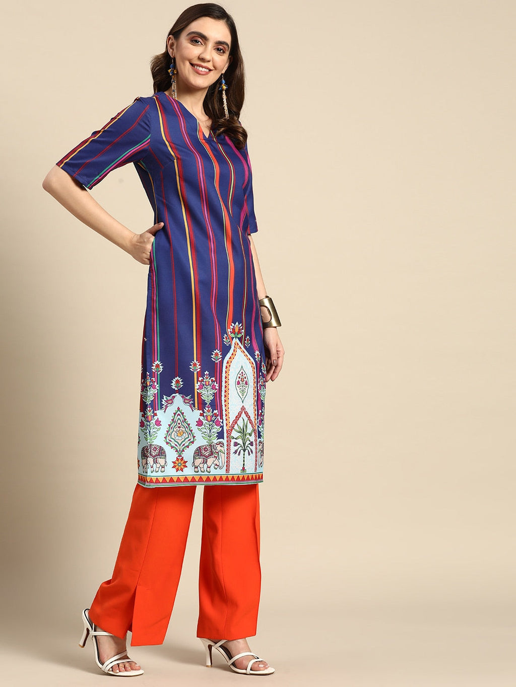 Sangria Striped & Printed Detail Kurta | Grocsy