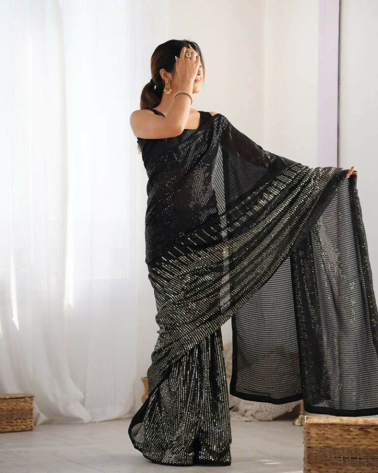 Black Georgette Designer Sequence Embroidery Work Saree - Sitare | Grocsy
