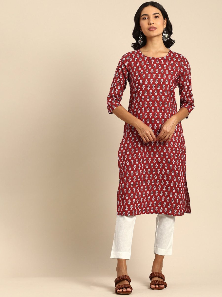 All About You Women Maroon Printed Pure Cotton Kurta with Trousers | Grocsy