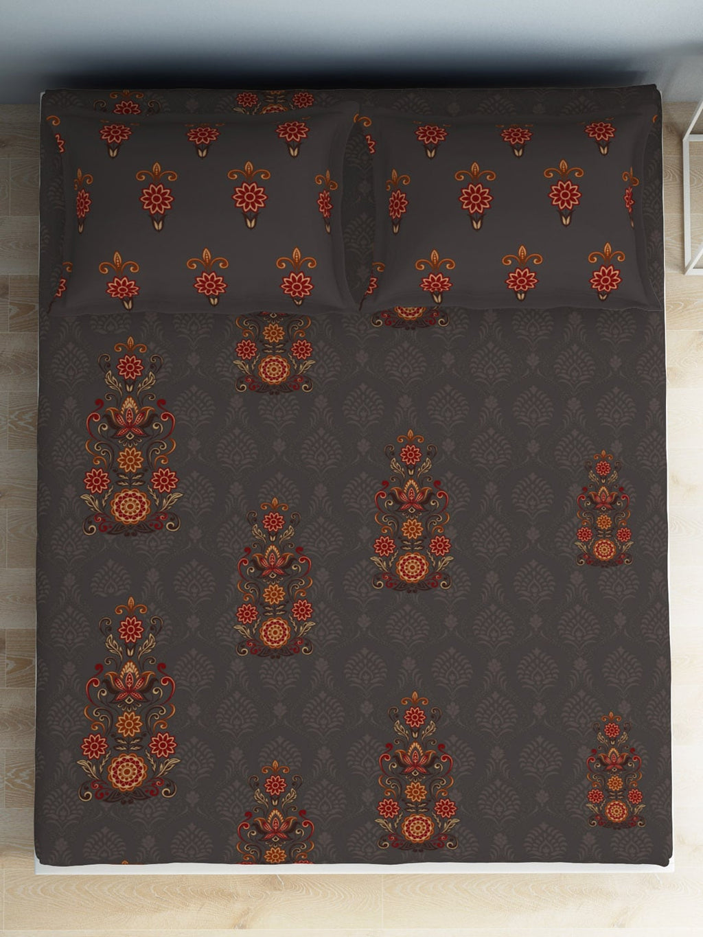 SPACES Aurum Grey Ethnic Motifs Pure Cotton 140 TC Queen Bedsheet with 2 Pillow Covers | Grocsy