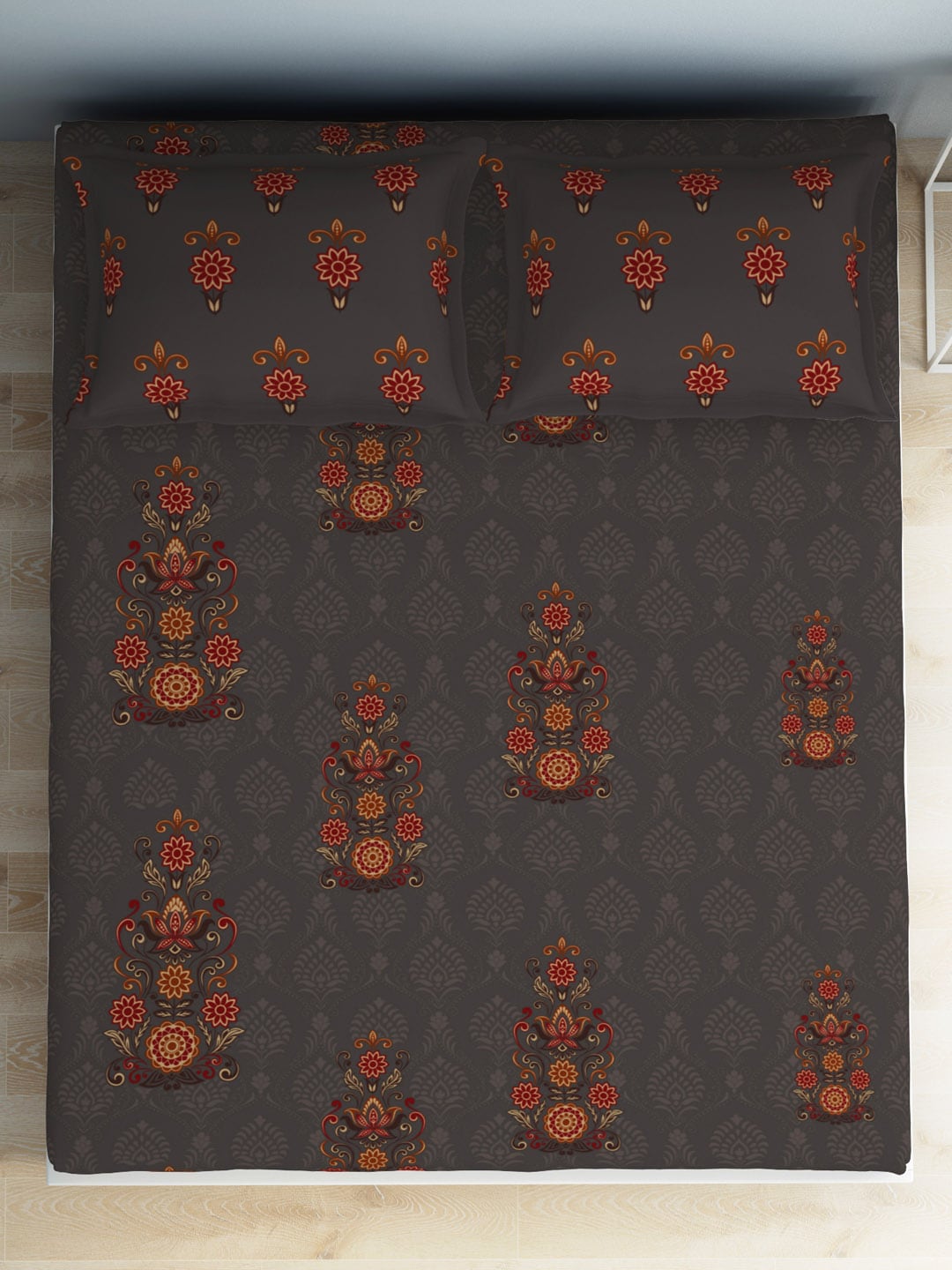 SPACES Aurum Grey Ethnic Motifs Pure Cotton 140 TC Queen Bedsheet with 2 Pillow Covers | Grocsy