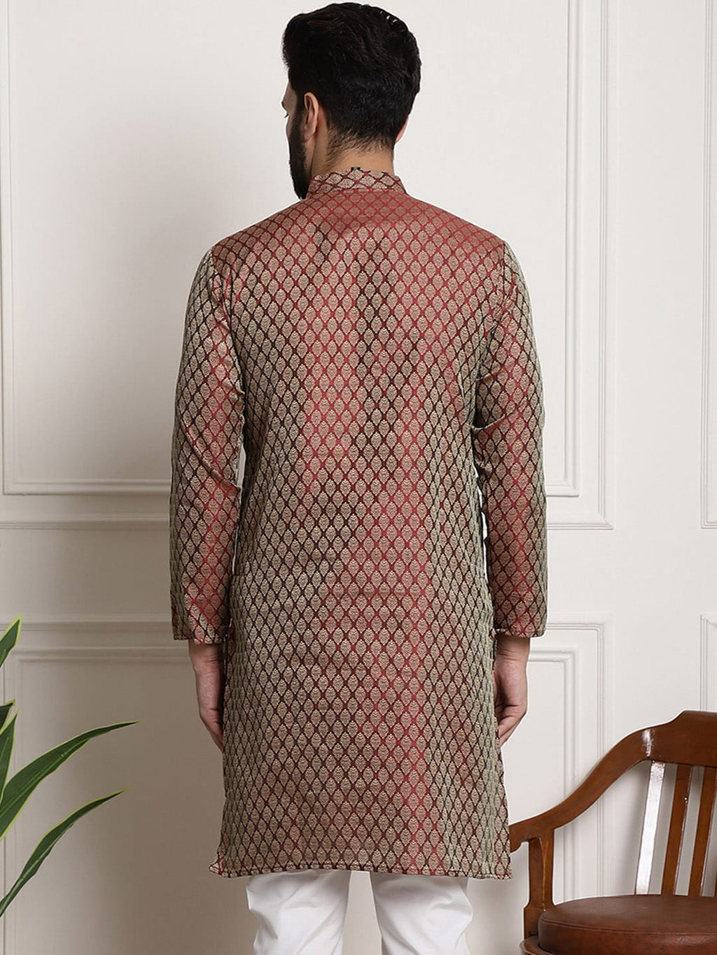 Sojanya Woven Design Mandarin Collar Silk Cotton Kurta | Grocsy
