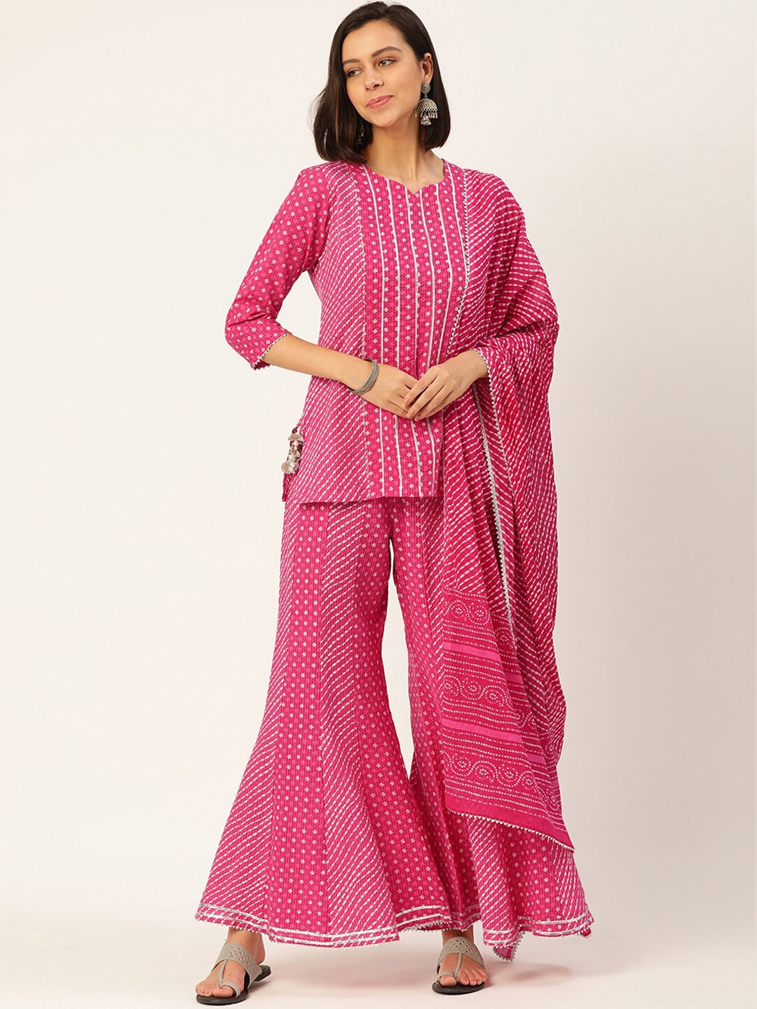HERE&NOW Women Pink Leheriya Printed Pure Cotton Kurti With Palazzo And Dupatta | Grocsy
