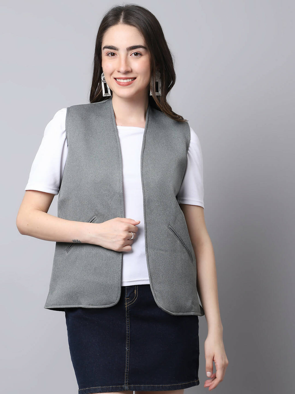 Even Apparels Grey Polyblend Open Front Women's Waistcoat | Grocsy