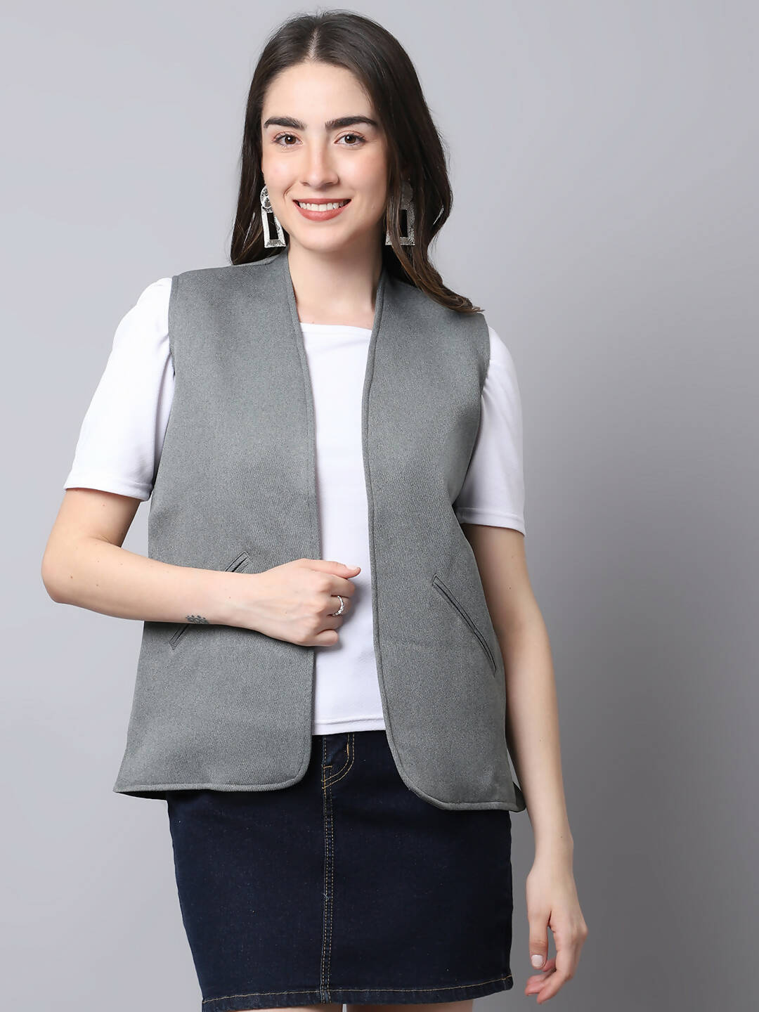 Even Apparels Grey Polyblend Open Front Women's Waistcoat | Grocsy