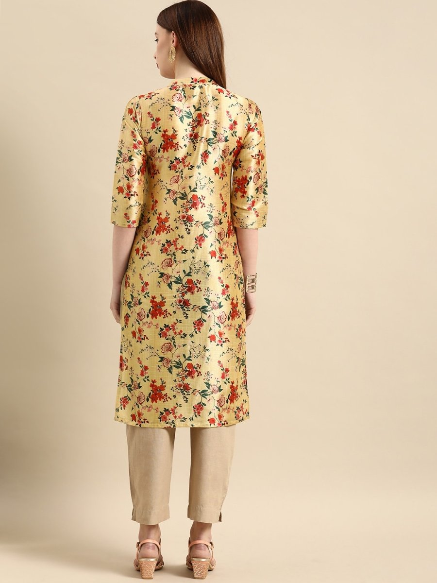 All About You Women Mustard Yellow & Red Floral Print Chanderi Silk Blend Straight Kurta | Grocsy