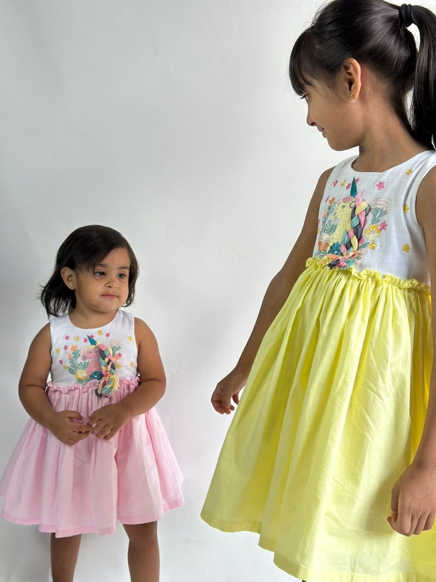 ArthLife White And Yellow Unicorn Embroidered Dress | Grocsy