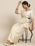Saree Mall Cream-Coloured Zari Silk Blend Kanjeevaram Sarees | Grocsy