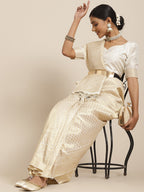 Saree Mall Cream-Coloured Zari Silk Blend Kanjeevaram Sarees | Grocsy