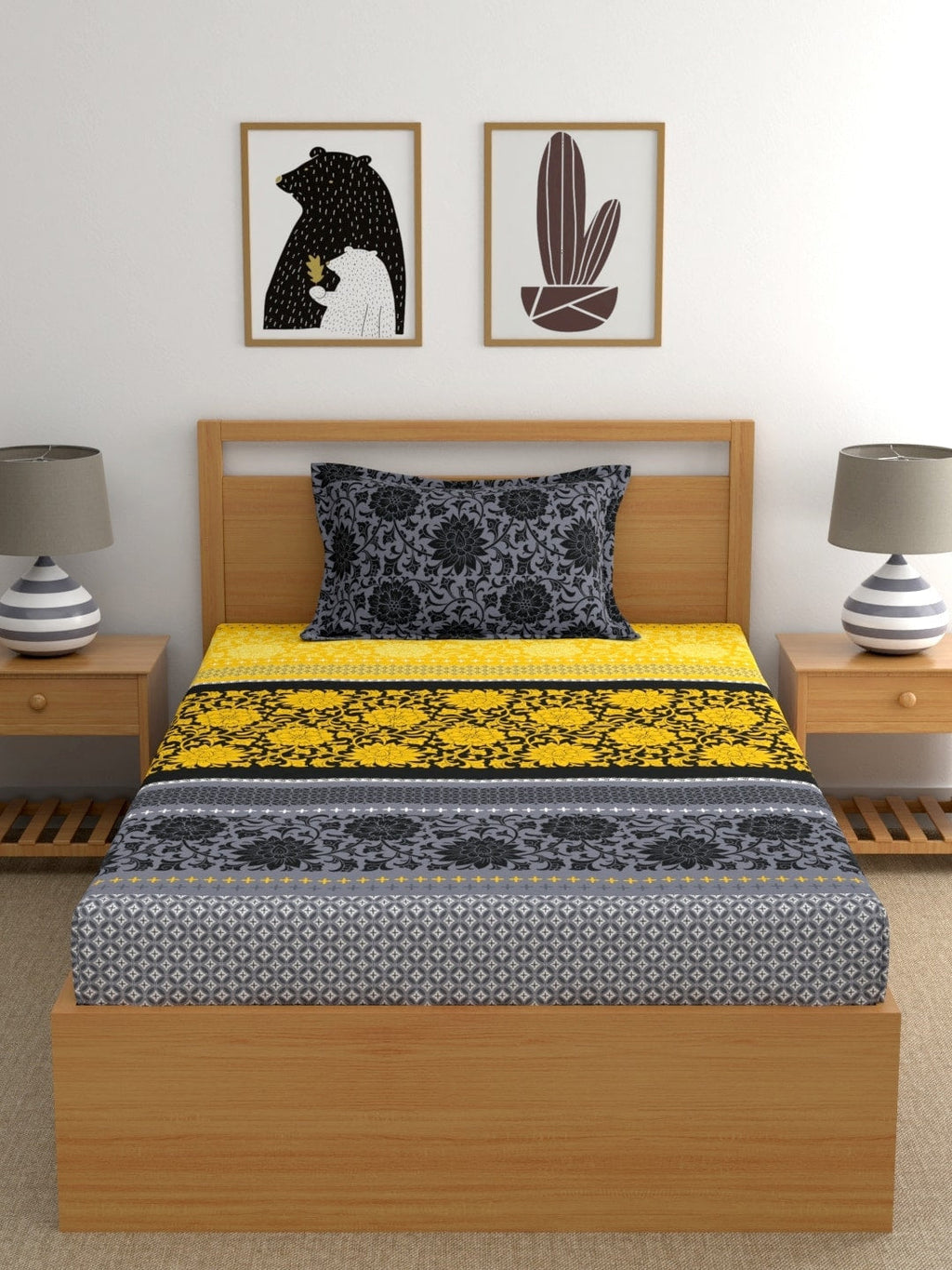 Dreamscape Yellow Ethnic Motifs Cotton 140 TC Fitted Single Bedsheet & 1 Pillow Cover | Grocsy