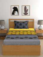 Dreamscape Yellow Ethnic Motifs Cotton 140 TC Fitted Single Bedsheet & 1 Pillow Cover | Grocsy