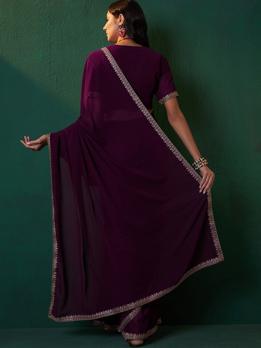 Sangria Embroidered Bordered Sarees | Grocsy