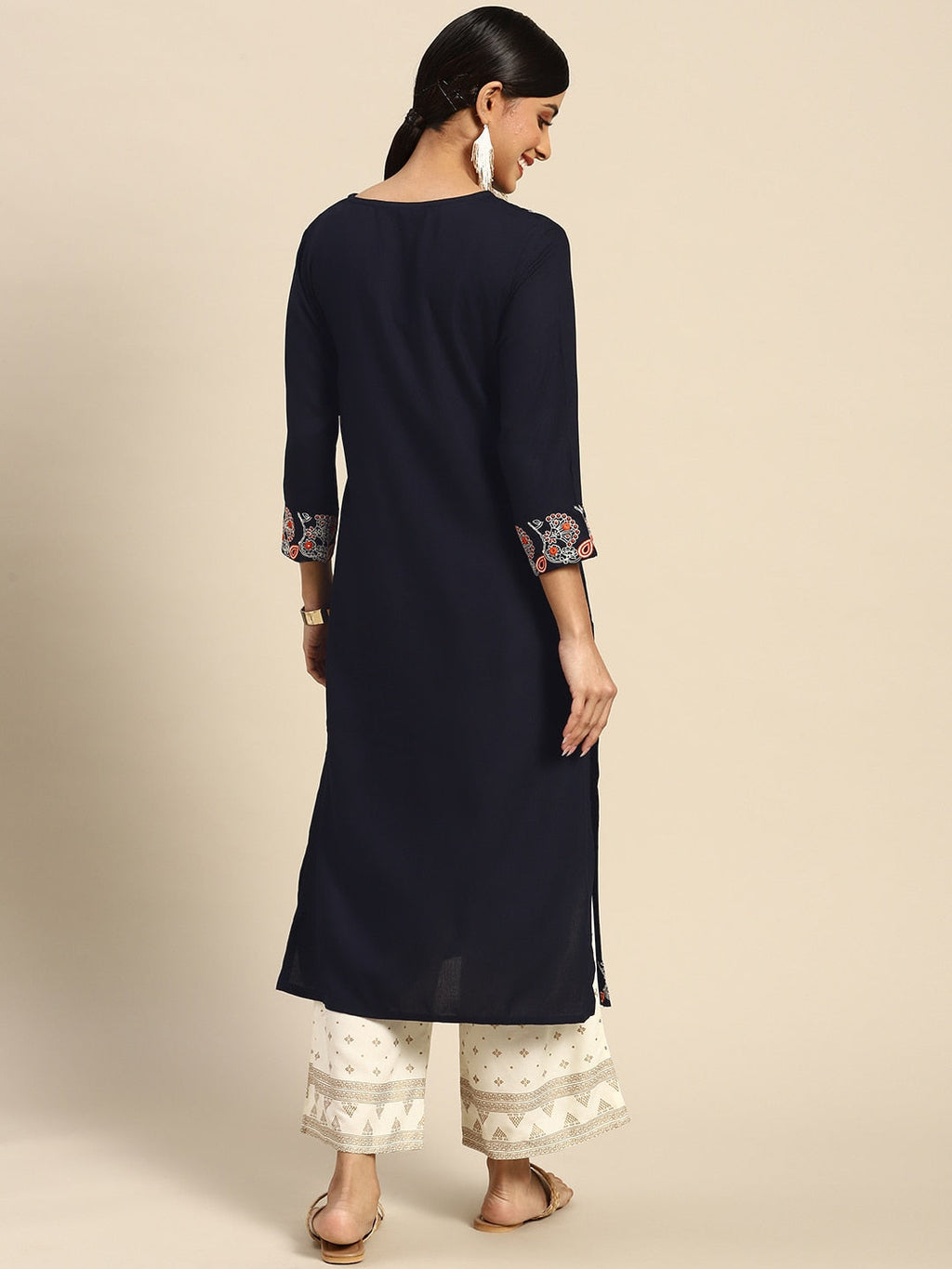 Sangria Women Navy Blue Ethnic Motifs Embroidered Kurta with Palazzos | Grocsy