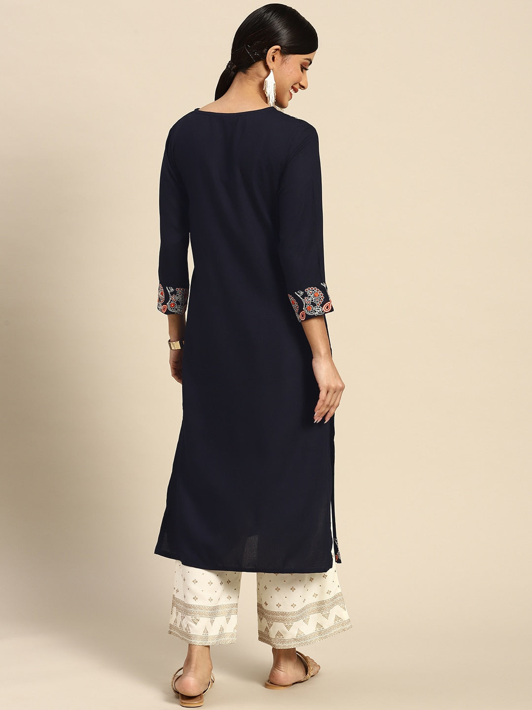 Sangria Women Navy Blue Ethnic Motifs Embroidered Kurta with Palazzos | Grocsy