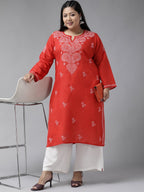 ADA Women Plus Size Red & White Ethnic Motifs Pure Cotton Chikankari Embroidered Kurta | Grocsy