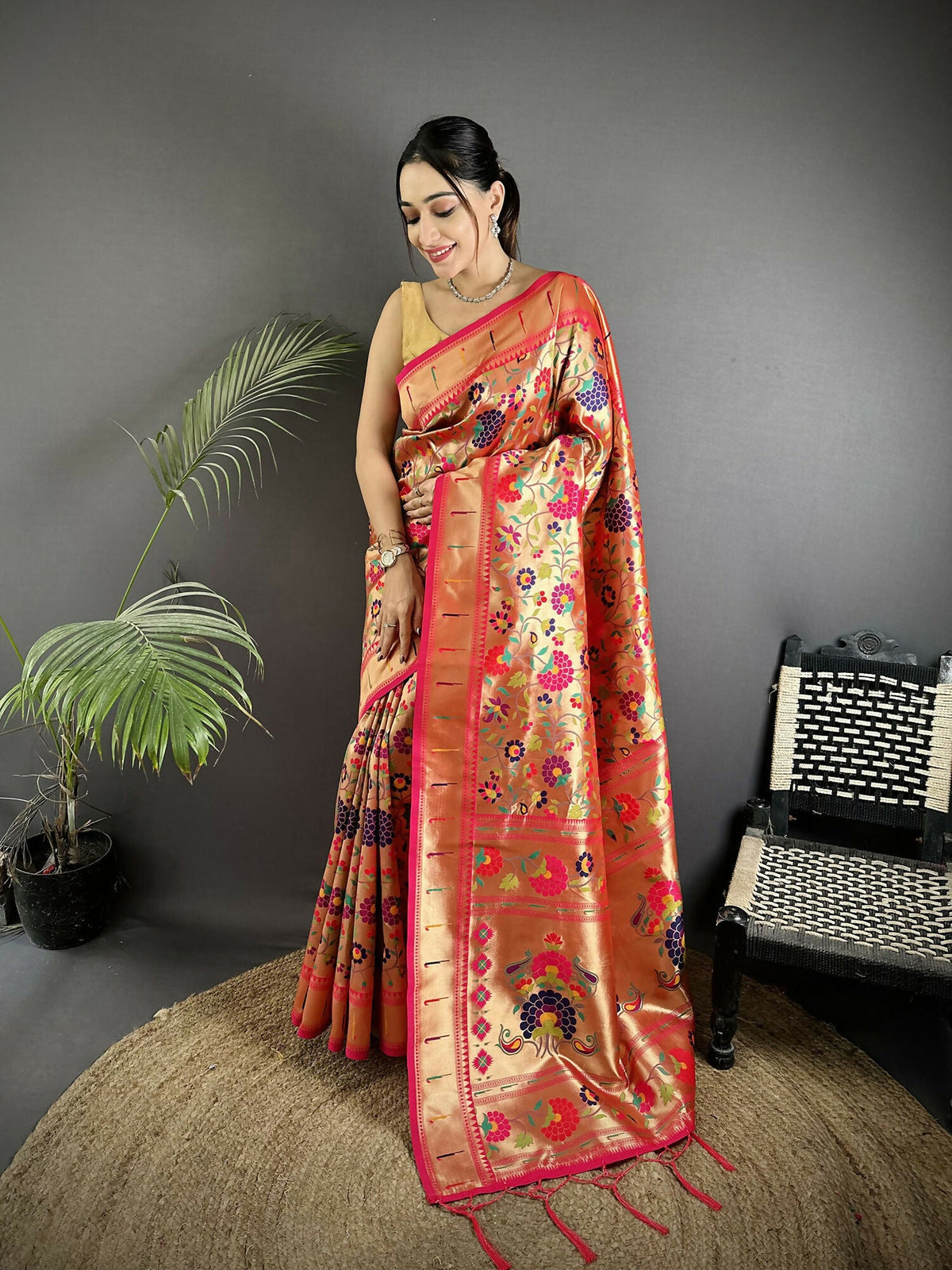 Joban Fashion Golden-Orange Intricate Floral & Leaf Soft Silk Paithani Saree | Grocsy
