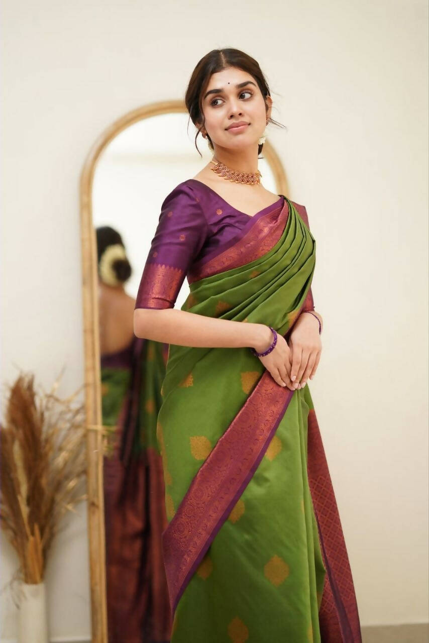 DEIANA'S Beautiful Designer Golden zari Soft Lichi Silk Saree - Mehndi | Grocsy