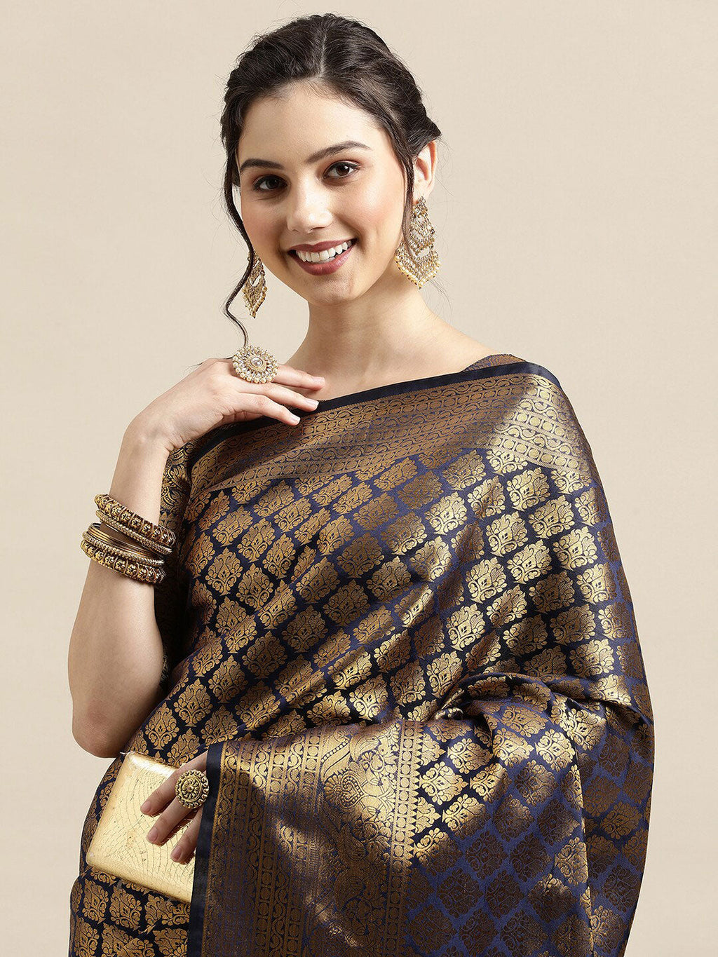 Saree Mall Navy Blue & Gold-Toned Ethnic Motifs Zari Silk Blend Banarasi Saree | Grocsy