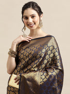 Saree Mall Navy Blue & Gold-Toned Ethnic Motifs Zari Silk Blend Banarasi Saree | Grocsy