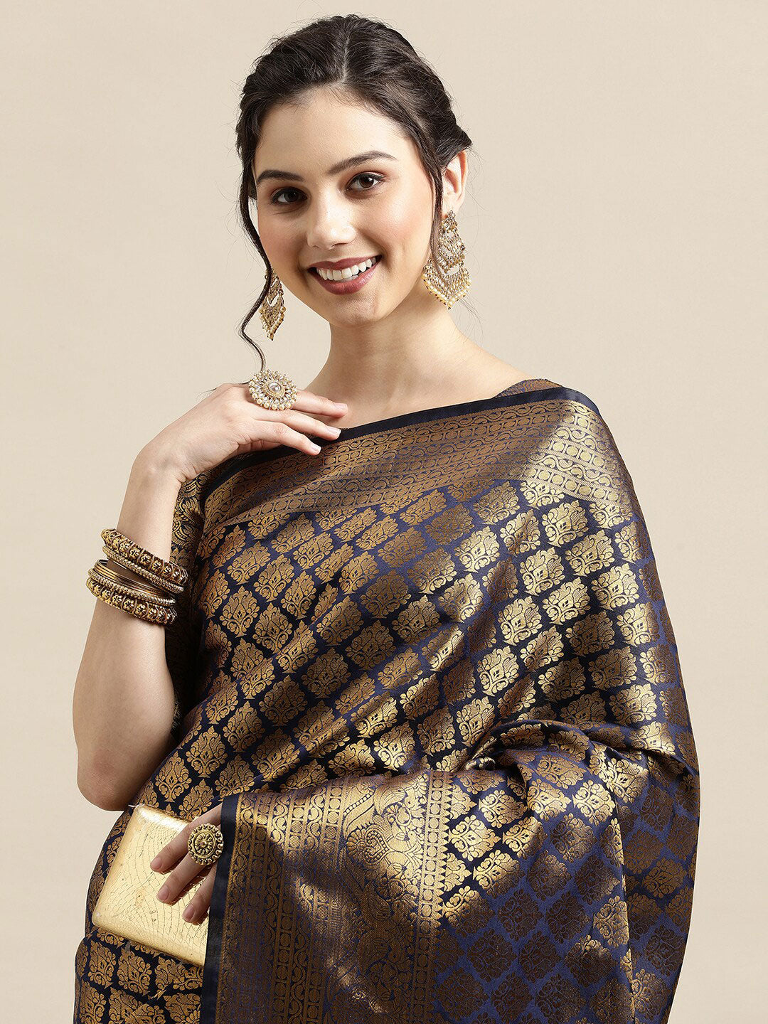 Saree Mall Navy Blue & Gold-Toned Ethnic Motifs Zari Silk Blend Banarasi Saree | Grocsy
