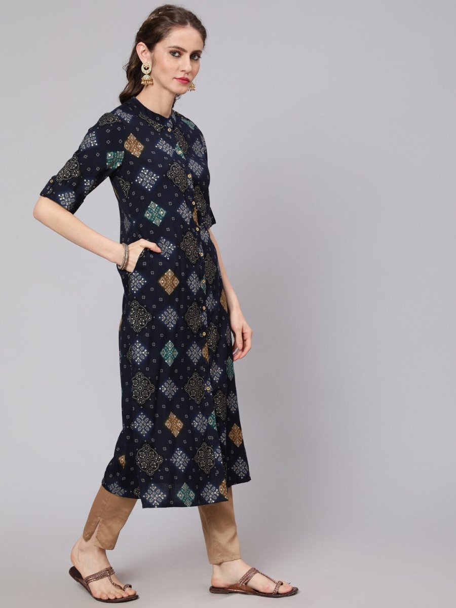 Aks Bandhani Printed Mandarin Collar Straight Kurta | Grocsy