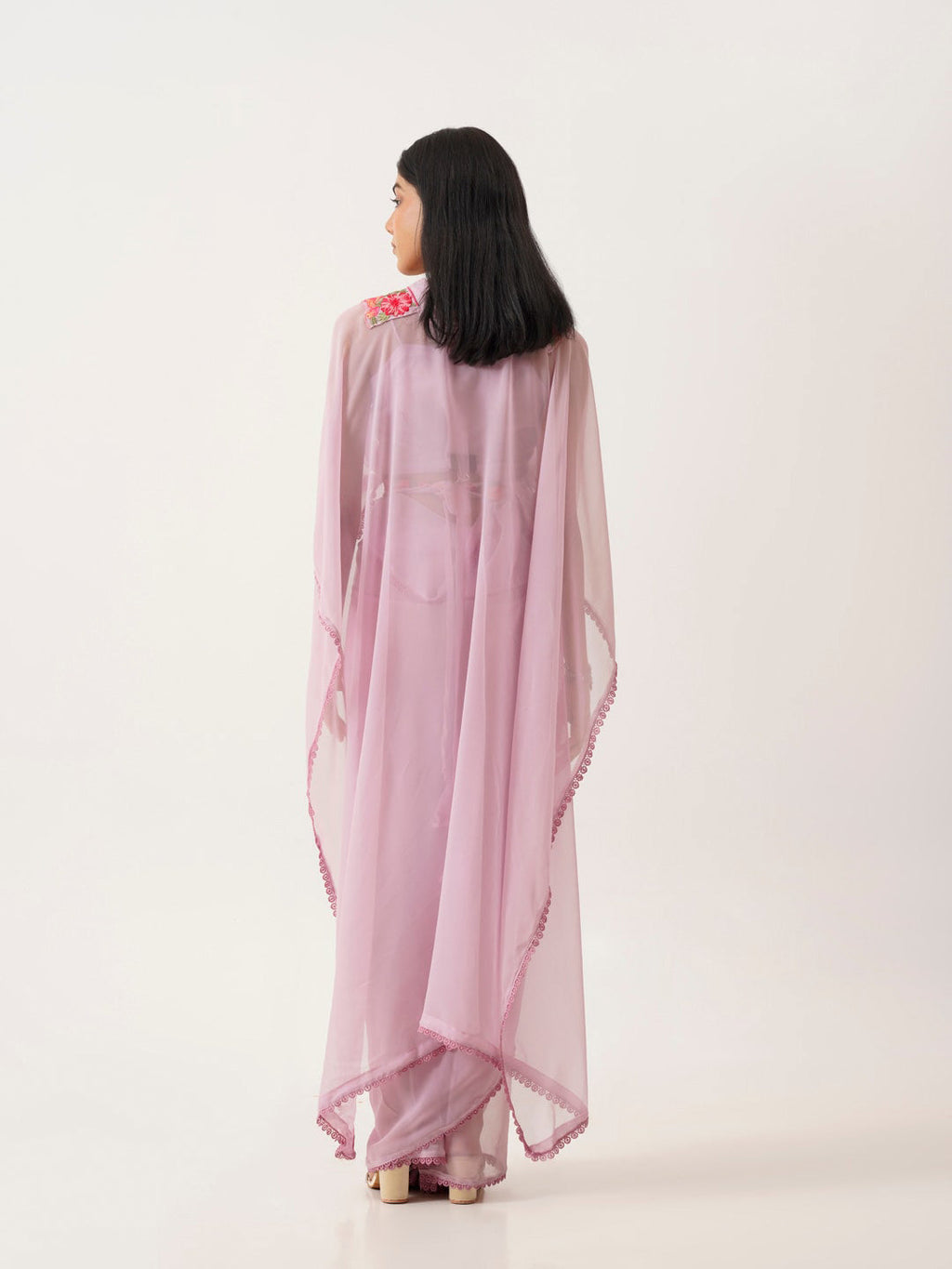 Tikhi Imli Lavender & Pink Floral Embroidered Belted Saree | Grocsy