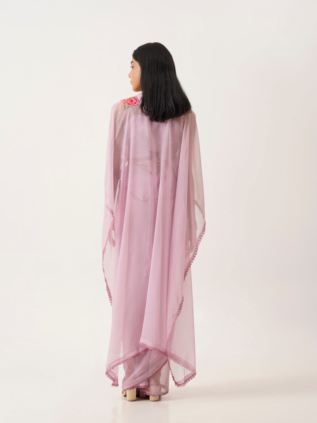 Tikhi Imli Lavender & Pink Floral Embroidered Belted Saree | Grocsy