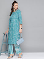 HERE&NOW Women Blue & White Bandhani Print Kurta with Striped Trousers | Grocsy