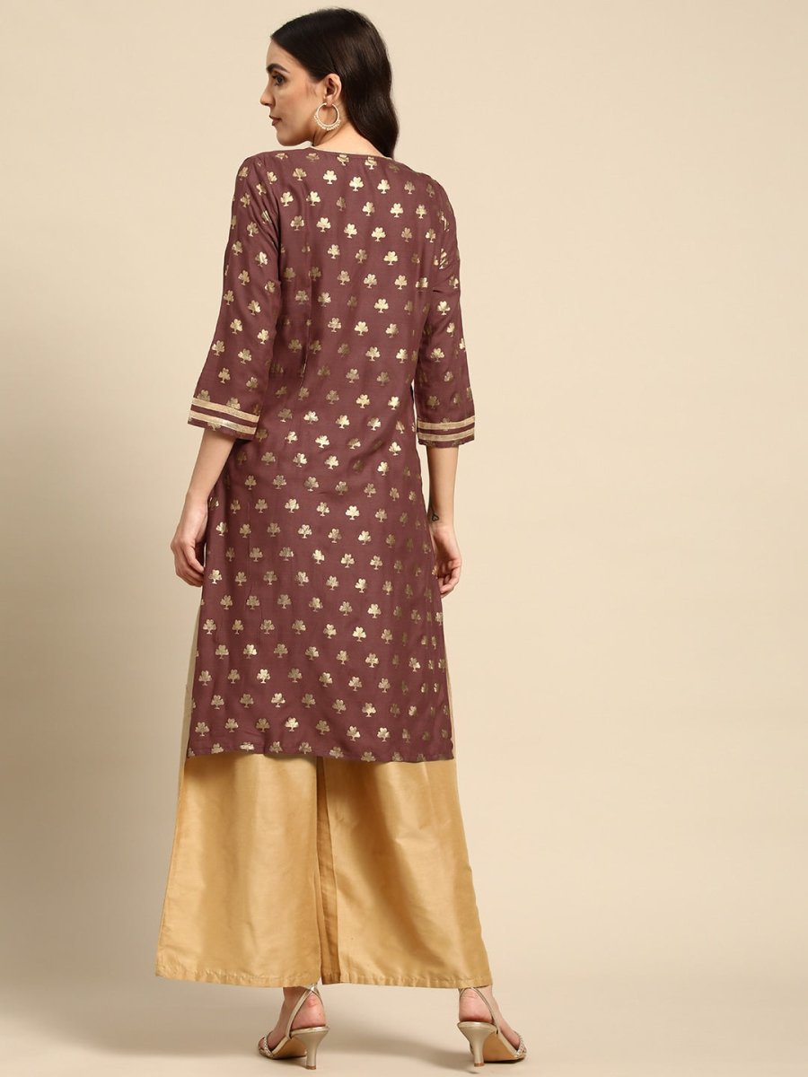 All About You Women Brown & Golden Ethnic Motifs Printed Gotta Patti Kurta | Grocsy