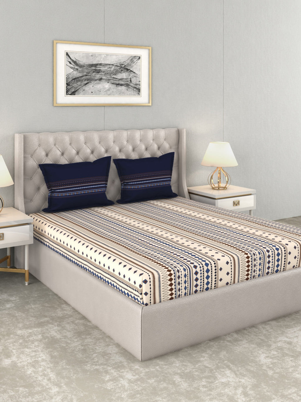 MYTRIDENT Multicoloured Blue Geometric 120 TC Cotton 1 Queen Bedsheet with 2 Pillow Covers | Grocsy